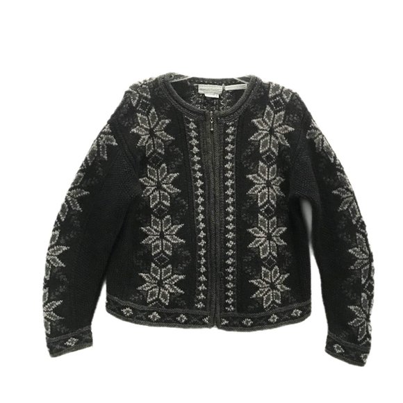 Nomadic Traders Sweaters - NOMADIC TRADERS Cardigan Sweater Full Zip Black Wool Fair Isle By Hand Size M